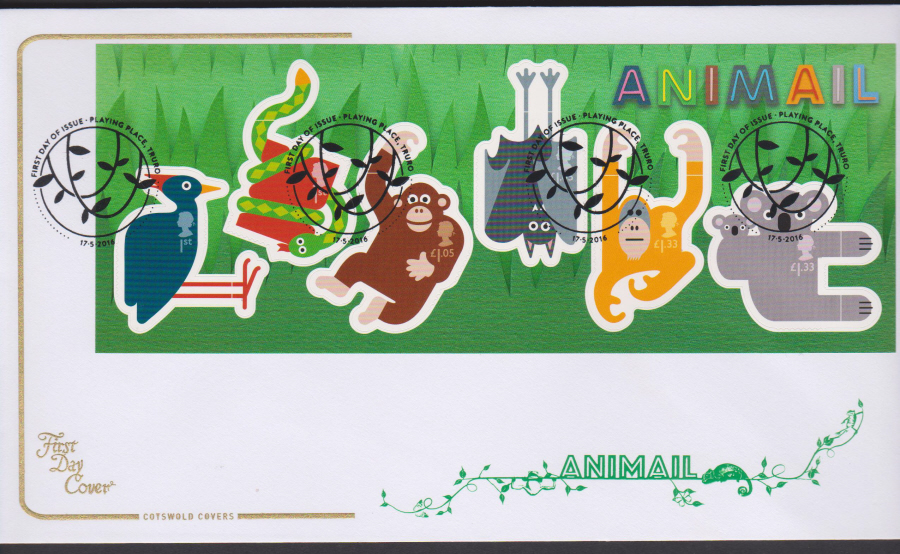 2016 - Animail Animals Minisheet, Cotswold First Day cover,First Day Issue Plaything Place,Truro Postmark